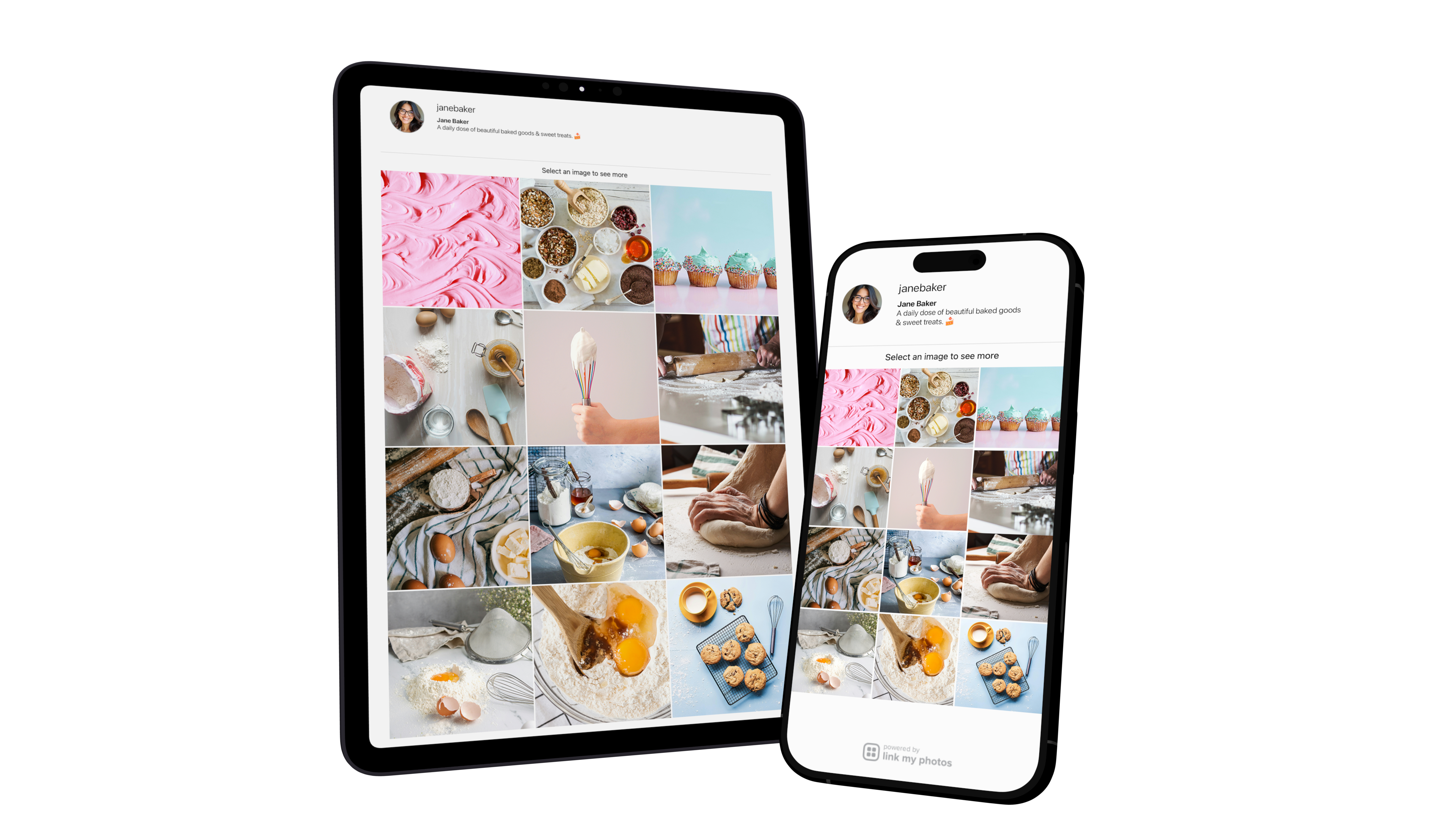 Link My Photos landing page mirroring an Instagram feed